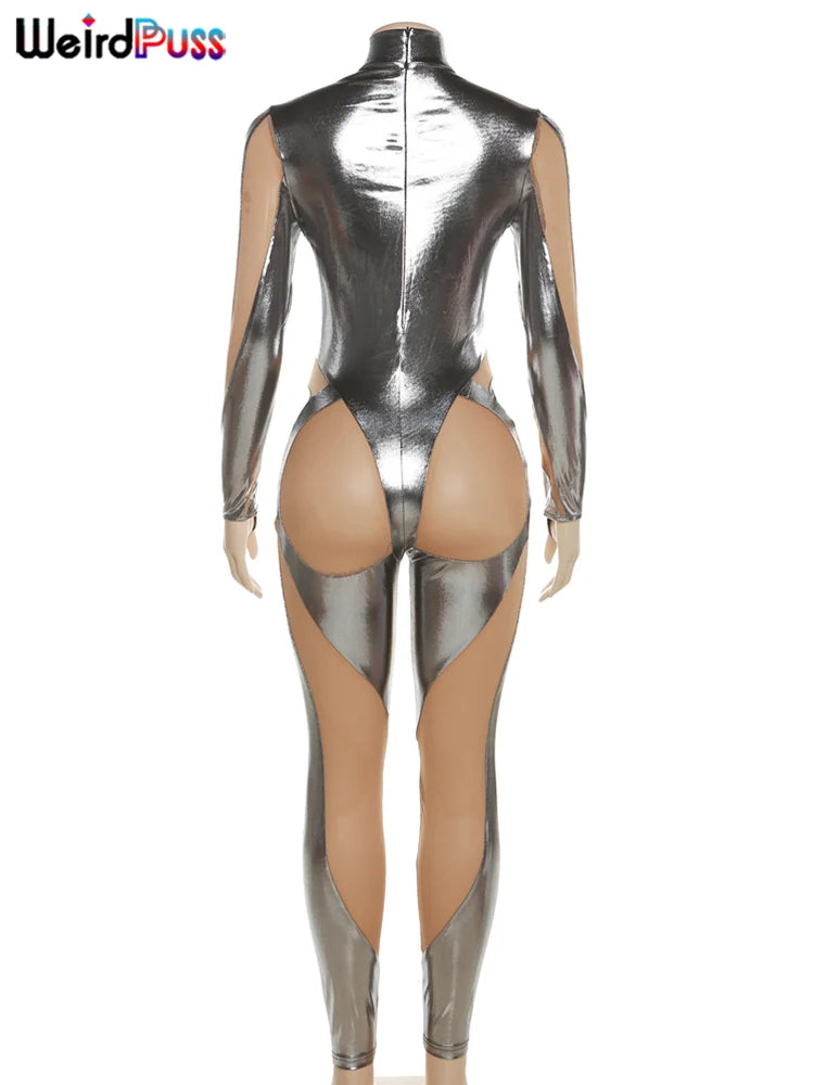 Weird Puss Sexy Summer Jumpsuits Silky Mesh Hollow Patchwork Zip Long Sleeve Activity Skinny Midnight Clubwear Workout Overalls