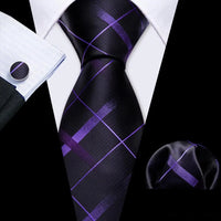 Barry.Wang Plaid Silk Men Tie Hanky Cufflinks Set Checked Jacquard Necktie for Male Formal Casual Wedding Business Party Events