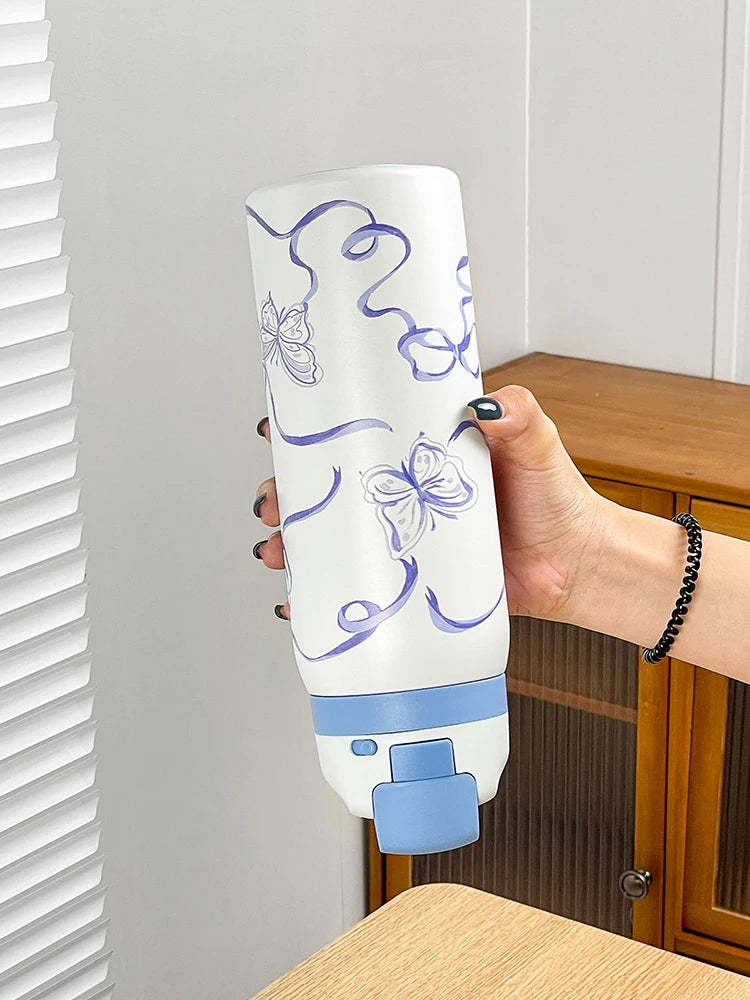 34oz Stylish Stainless Steel Water Bottle - Trendy Floral Two-Tone Design, 24Hr Hot/Cold Insulated, Leakproof Sport Lid & Handle