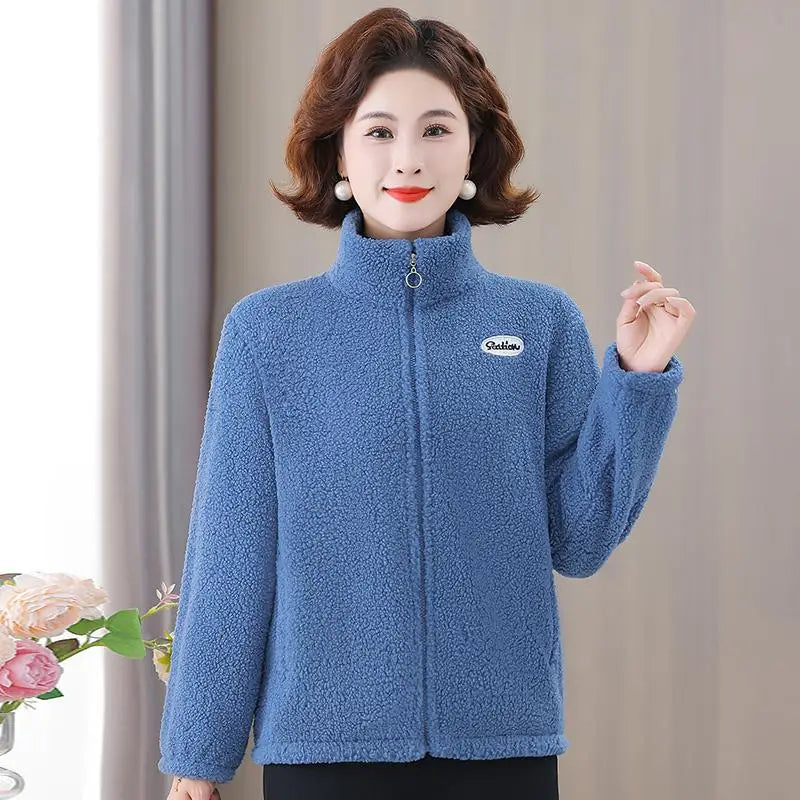 Winter Mother's Attire New Jacket Middle-Aged And Elderly Women's Fleece-Lined Woolen Sweatshirt Warm  Stand Collar Top