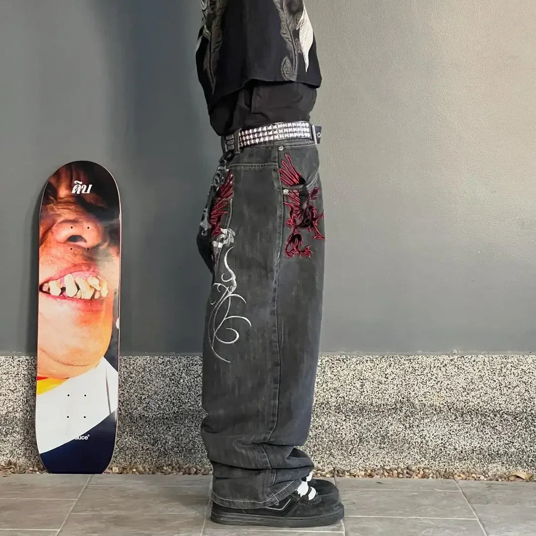 Streetwear Wide Leg Jeans Men Y2K Harajuku Baggy Jeans Embroidery Pattern Hip Hop Vintage Denim Pants Straight Casual Trousers