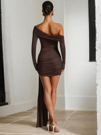 Mozision Off-shoulder Long Sleeve Sexy Mini Dress Women Fashion See Through Strapless Backless Draped Ruched Club Party Dresses