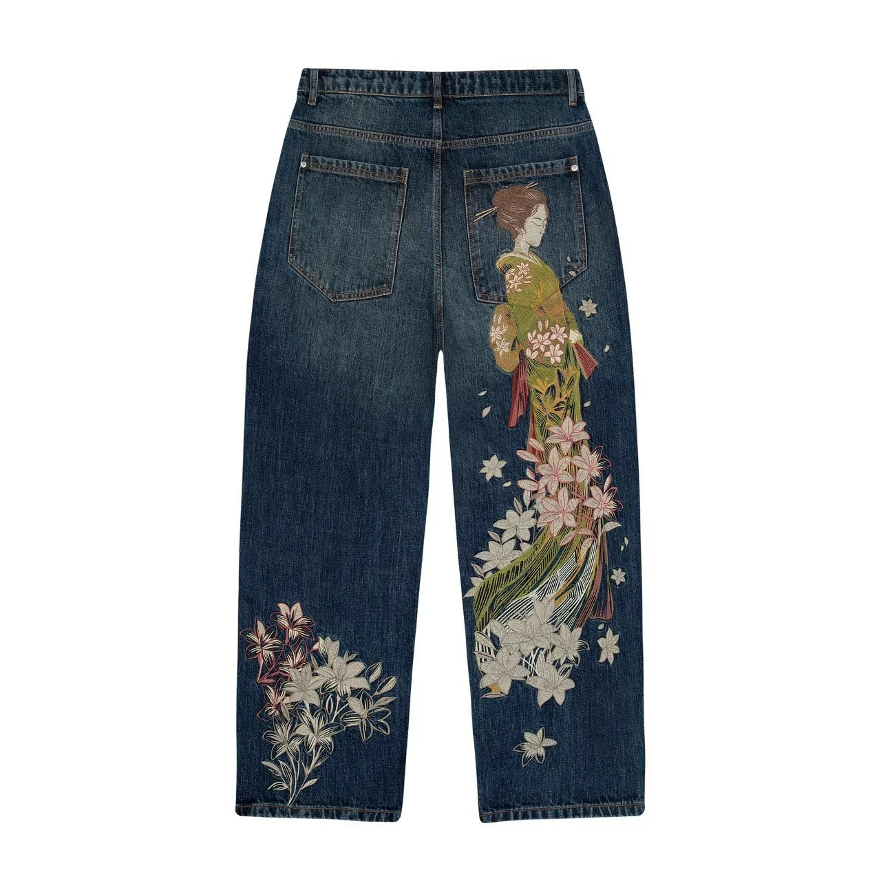 Y2K Baggy Jeans Oversized Cherry Blossom Embroidery Harajuku Vintage Wide Leg Pants Gothic Men Women Hip Hop Straight Leg Pants