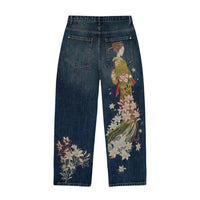 Y2K Baggy Jeans Oversized Cherry Blossom Embroidery Harajuku Vintage Wide Leg Pants Gothic Men Women Hip Hop Straight Leg Pants