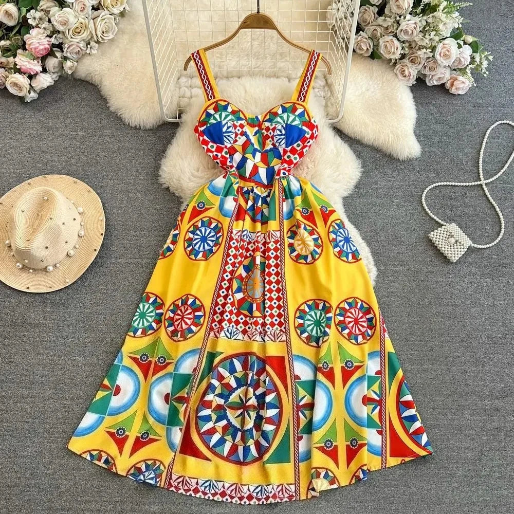 Dress Women Long Dresses Sling Strapless Sleeveless Print Floral A Line Vestidos Streetwear Elegant Splice Y2k High Waist Party