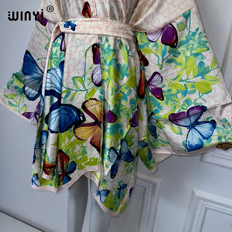 WINYI Africa print summer beach Bohemian long Cardigan Cover-up Casual Boho Maxi Holiday party kimono with belt beachwear