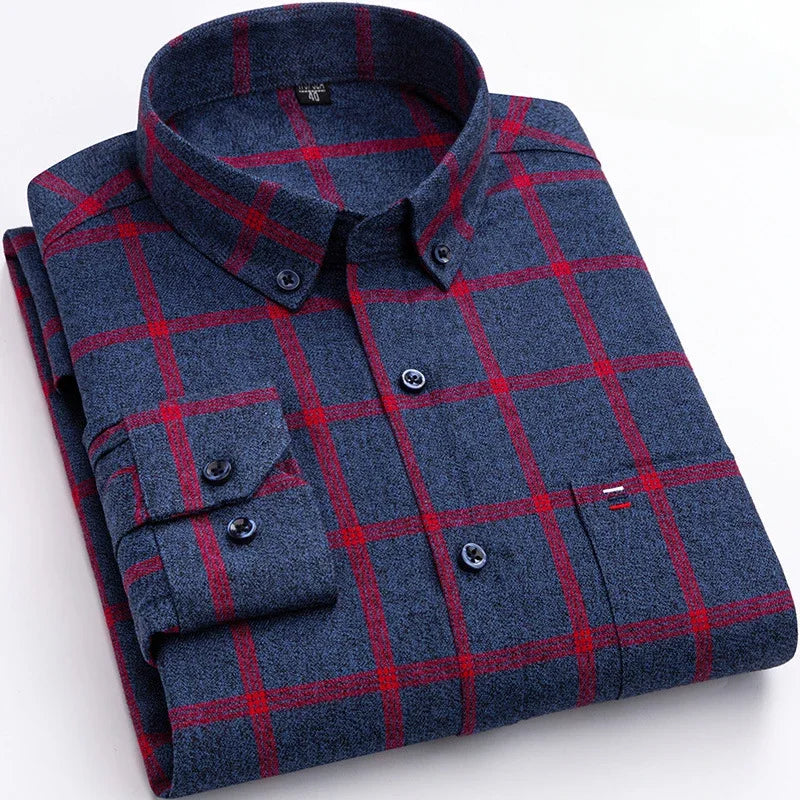 New in shirtplus size 7XL 100%cotton sanding long-sleeve shirts for men slim fit plain shirt striped plaid single pocket clothes
