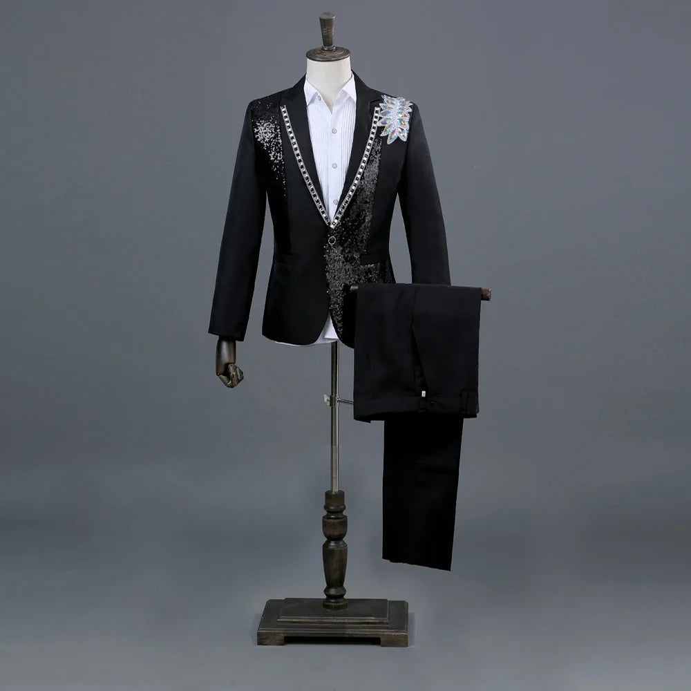 2025 Men's Party Prom Sequin Dress Suit 2 Piece Sets Luxury Classic Black White Diamond Singer Dance Stage Performance Costumes