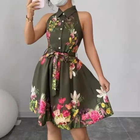 2026 Spring and Summer New Casual Style Waist Strap Dress Flower Printed Women's Dress
