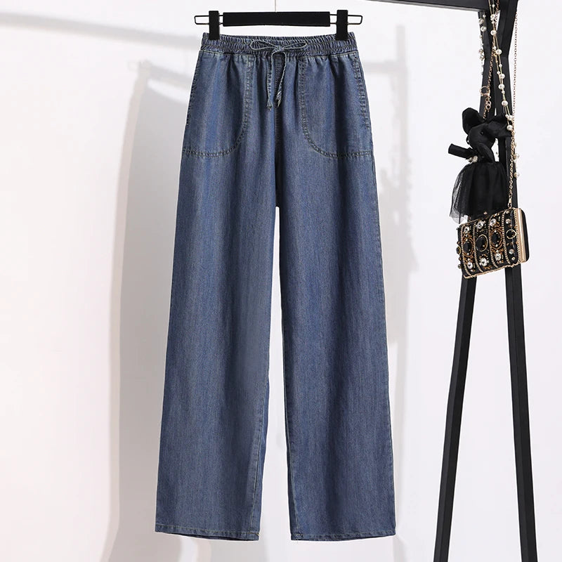 Wide Leg Jeans Women Summer Thin High Waist Draped Straight Loose plus Size Slimming Ice Silk Long Pants Casual Trousers