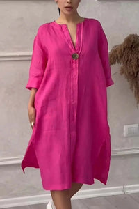 Women's New Cotton and Linen Solid Color Casual Round Neck Button Long Dress