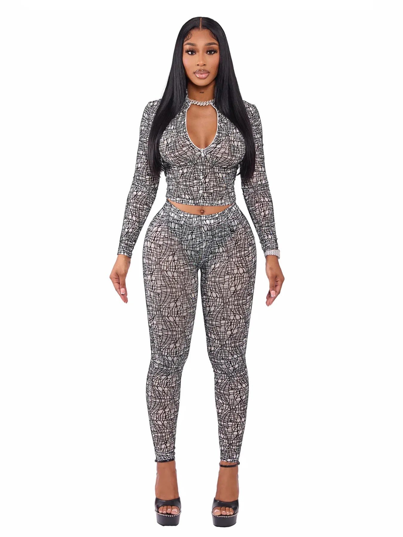 FAGADOER Sexy Stripe Patchwork 2 Pieces Set for Woman Outfit Solid Long Sleeves Crop Top and Leggings Pants Female Streetwear