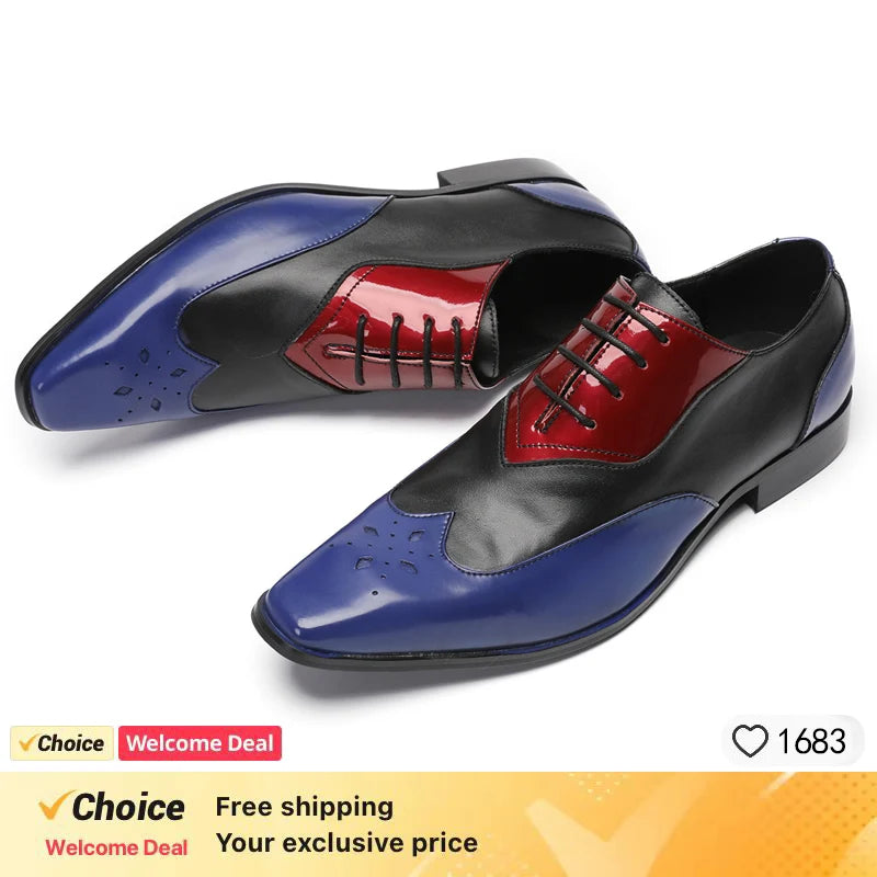 LUXURY MEN'S OXFORD SHOES BLACK MIX COLOR CASUAL DRESS MAN SHOES LACE UP POINTED TOE POLISH REAL LEATHER SHOES FOR MEN