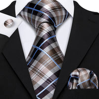Barry.Wang Plaid Silk Men Tie Hanky Cufflinks Set Checked Jacquard Necktie for Male Formal Casual Wedding Business Party Events