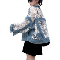 Mesh Embroidery Hole Denim Jacket 2025 Summer Lace Stitching Girlish Top