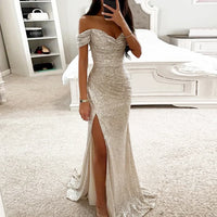 New Women Vintage Sequined V Neck Off Shoulder Slim Sexy Split Long Dress Evening Party Maxi Dresses Party Sequin Dress