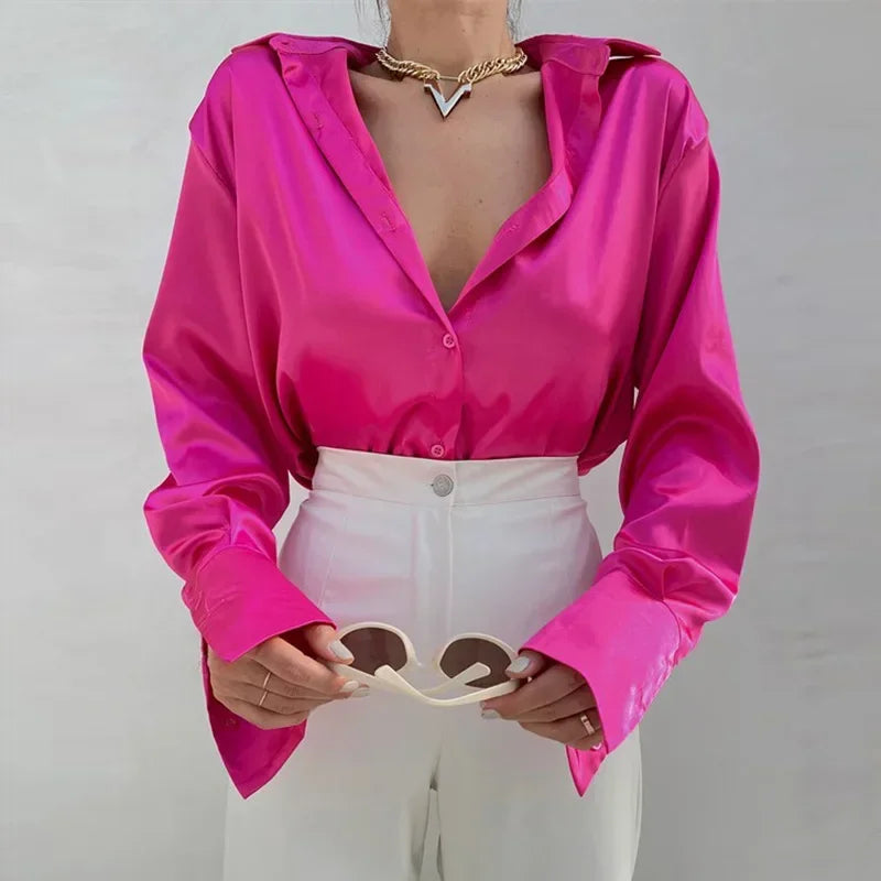 Fashion Long Sleeve Satin Women Shirts Office Lady Elegant Loose Silk Blouses Button Up Tops