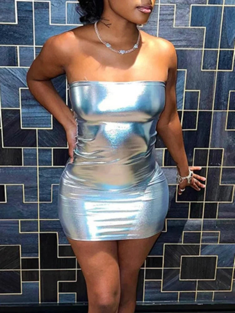 Sexy Strapless Shiny Silver Coatings Patent Leather Bodycon Dress Women Off Shoulder Skinny Mini Dress Club Party Vestidos