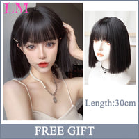 LM Synthetic Black Wig with Long Ponytail Short Straight Wig Lolita Cosplay Party Harajuku Blonde Wig With Bangs for Women