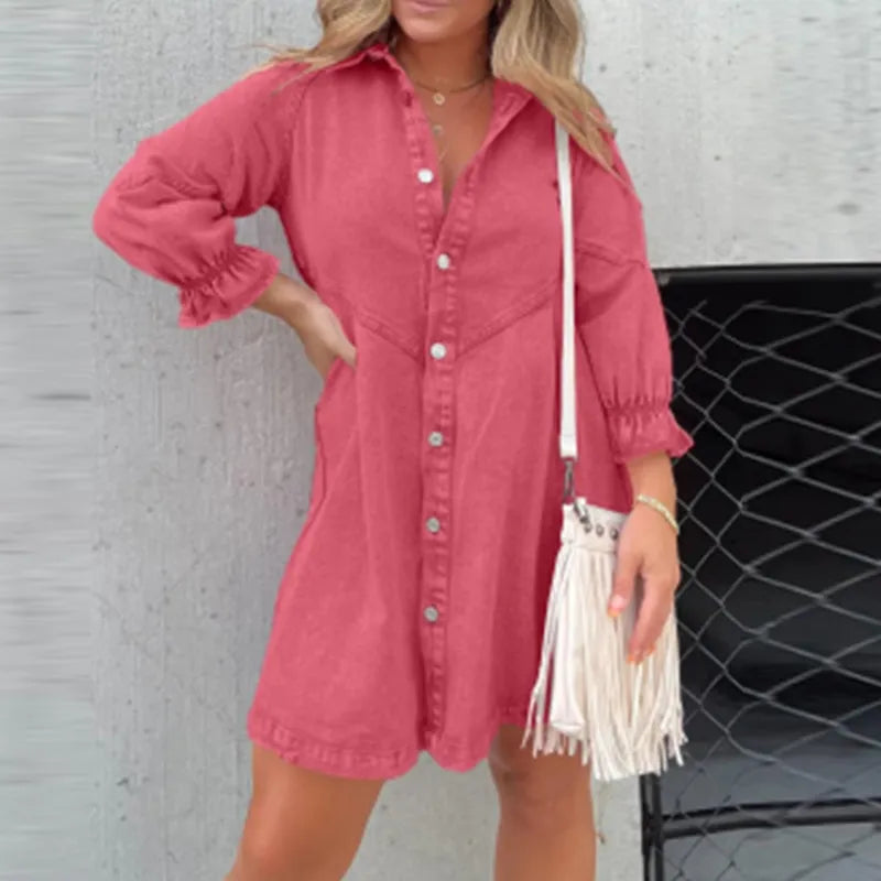 Lady Casual Lapel Single-Breasted Dress Autumn Solid Color Long Sleeve Denim Dress Fashion Simple Office A-Line Mini Shirt Dress