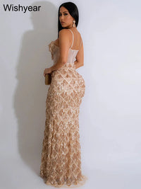 Sexy Spaghetti Strap Backless Bodycon Evening Club Party Dresses for Women Elegant Tassel Sequined Long Dress Birthday Femme