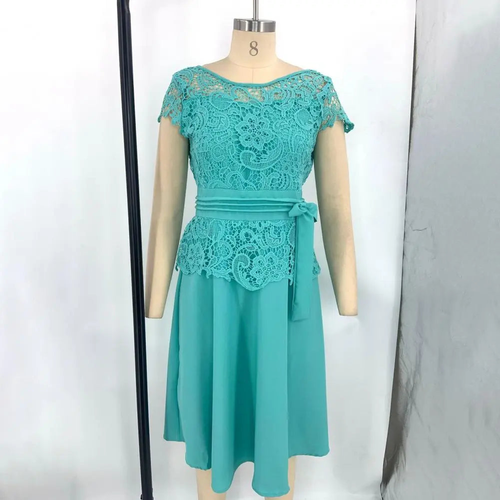 2022 Summer Formal Dress Women Fashion Bow Lace Maxi Dress with Belt Short Sleeve A-Line Dress Solid Knee Length Party Dress