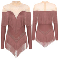Rhinestone Tassel Leotard Dress for Women's Latin Jazz Dance Performance Clothes Ballroom Fringed Jazz Samba Tango Dresses