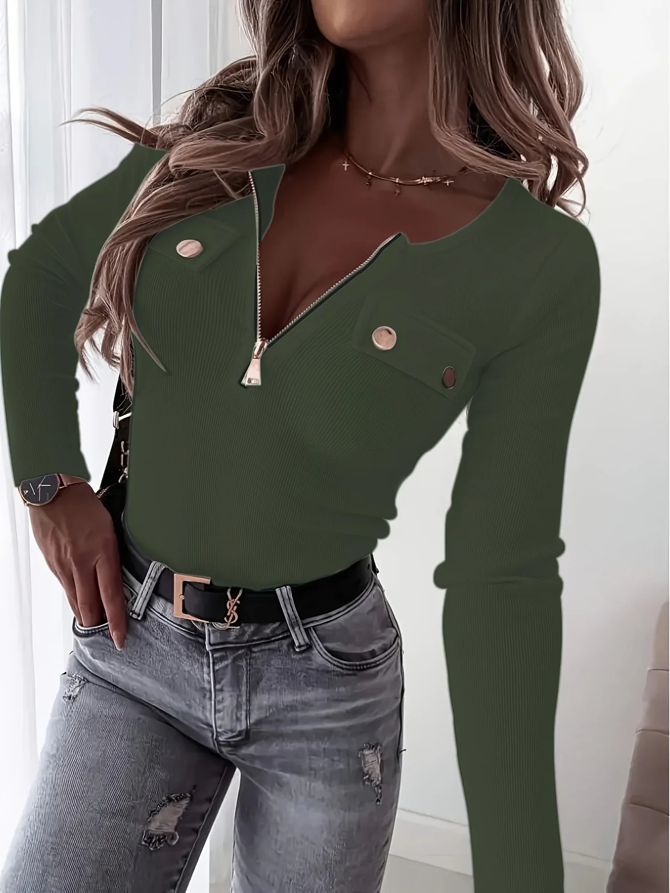 Y2K women's fashion simple slim top new V-neck long-sleeved casual T-shirt elegant zipper autumn and winter threaded knitted top