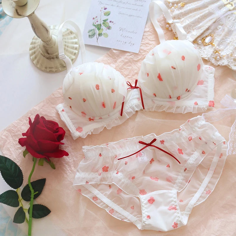 Japanese Kawaii Girl Bras Set Sweet Pink White Strawberry Cute Lace Underwear Bra and Panty Plus Size 70 75 80 85 90 A B C D Cup