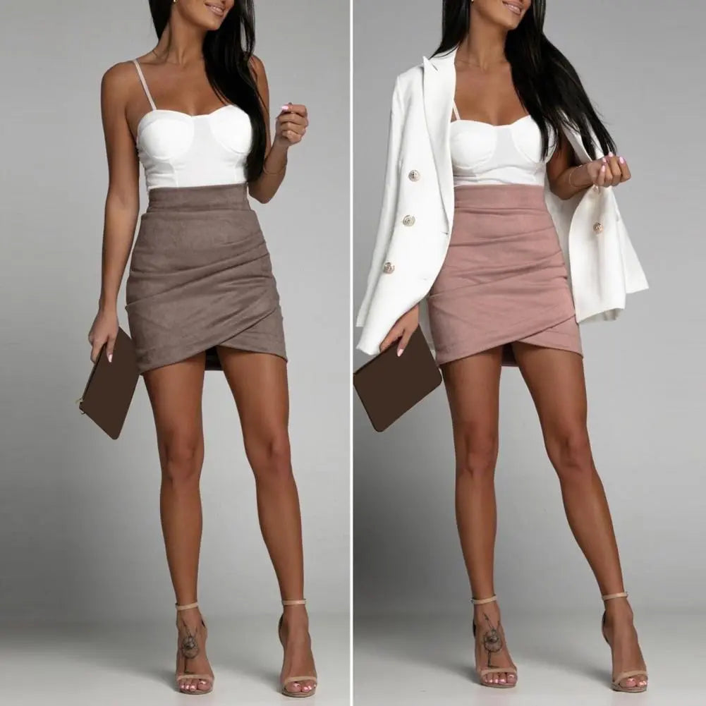 Chic Mini Skirt Colorfast Bodycon Skirt Zipper Closure Office Lady Sexy Pleated Suede Pencil Short Skirt  Versatile