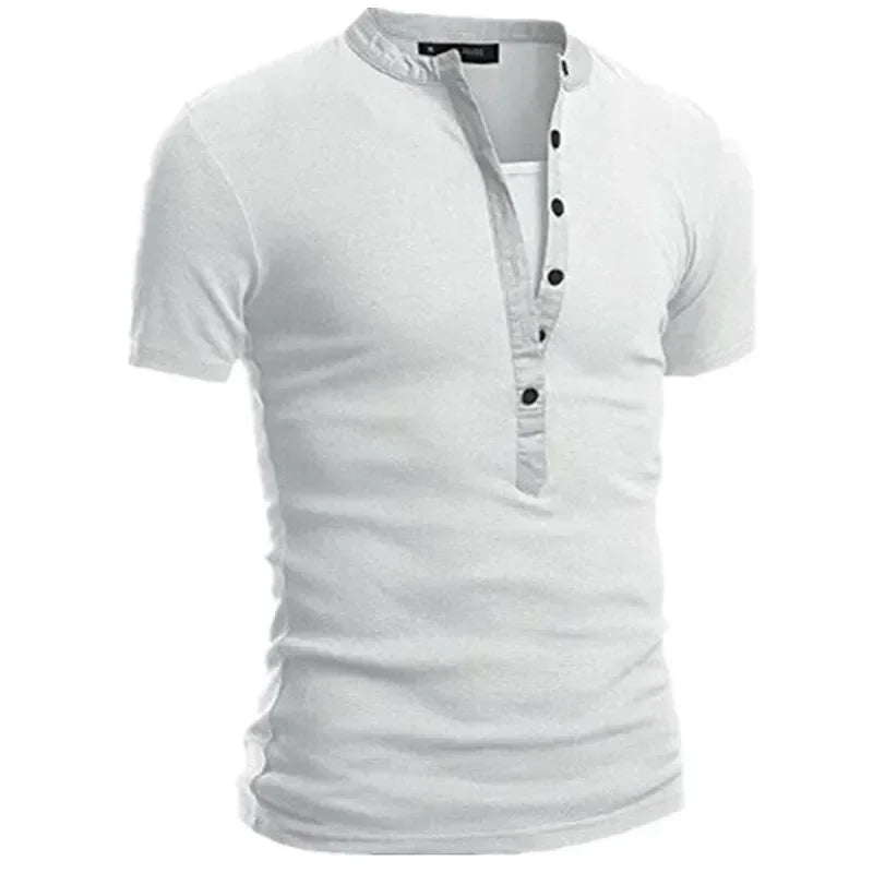 2026 Men's Summer Casual Shirts Solid V-neck Button Slim Fit T-Shirts for Men Fashion Short Sleeve Tees Tops Men Clothing S-3XL