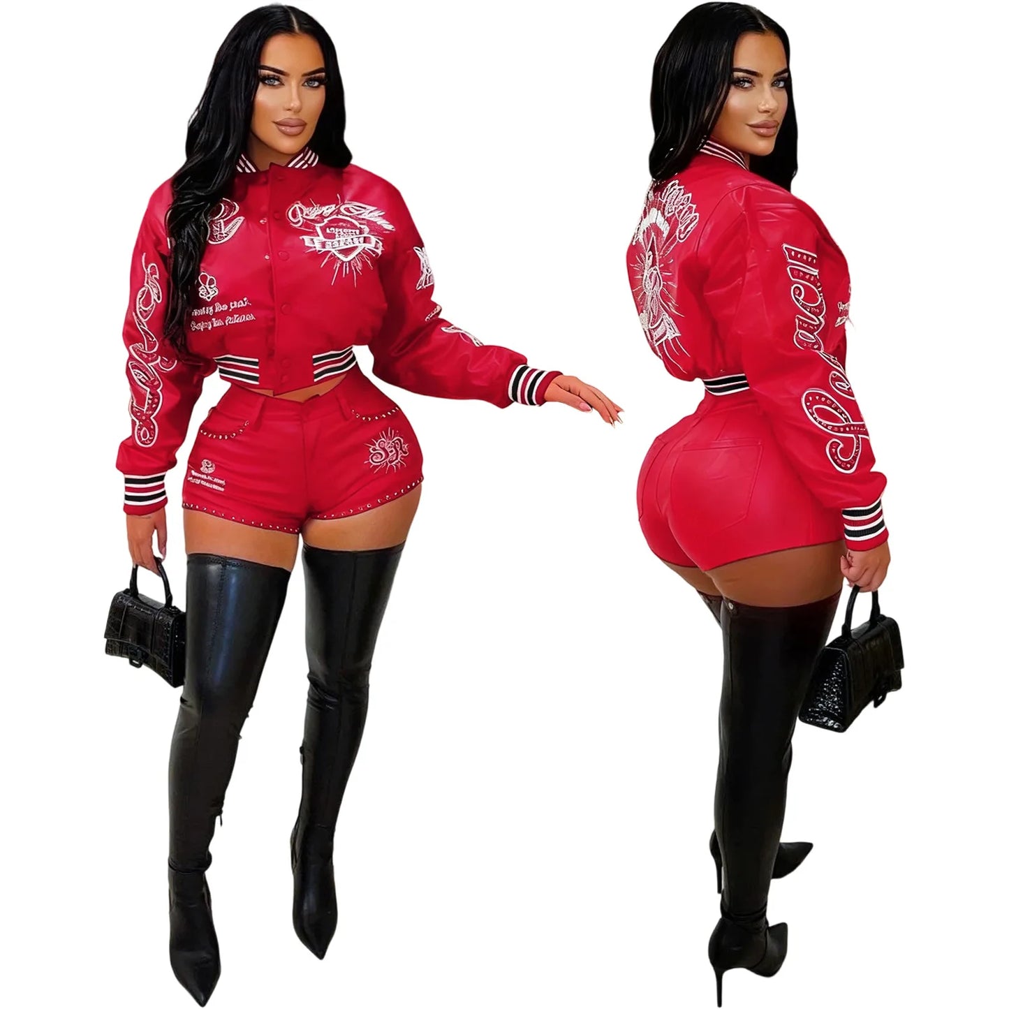 Leather Baseball Embroidery Jacket 2 Piece Pant Set Outfits Y2K Streetwear Women Winter Sexy PU Jackets Coat Two Piece Pant Sets