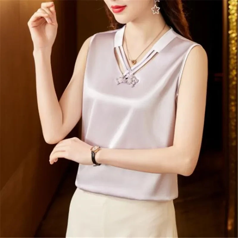 2024 Summer V Neck Solid Beaded Shirt Fashion Sleeveless Satin Blouse for Woman Loose Casual Silk Top Blusas Elegant