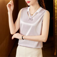 2024 Summer V Neck Solid Beaded Shirt Fashion Sleeveless Satin Blouse for Woman Loose Casual Silk Top Blusas Elegant