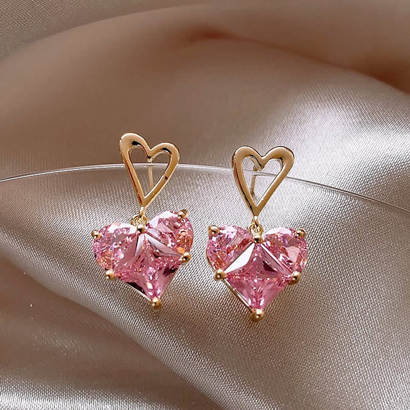 2023 Korean Fashion Jewelry Shining Rhinestone Hollow Heart Drop Earrings for Women Girls Vintage Red Crystal Earrings