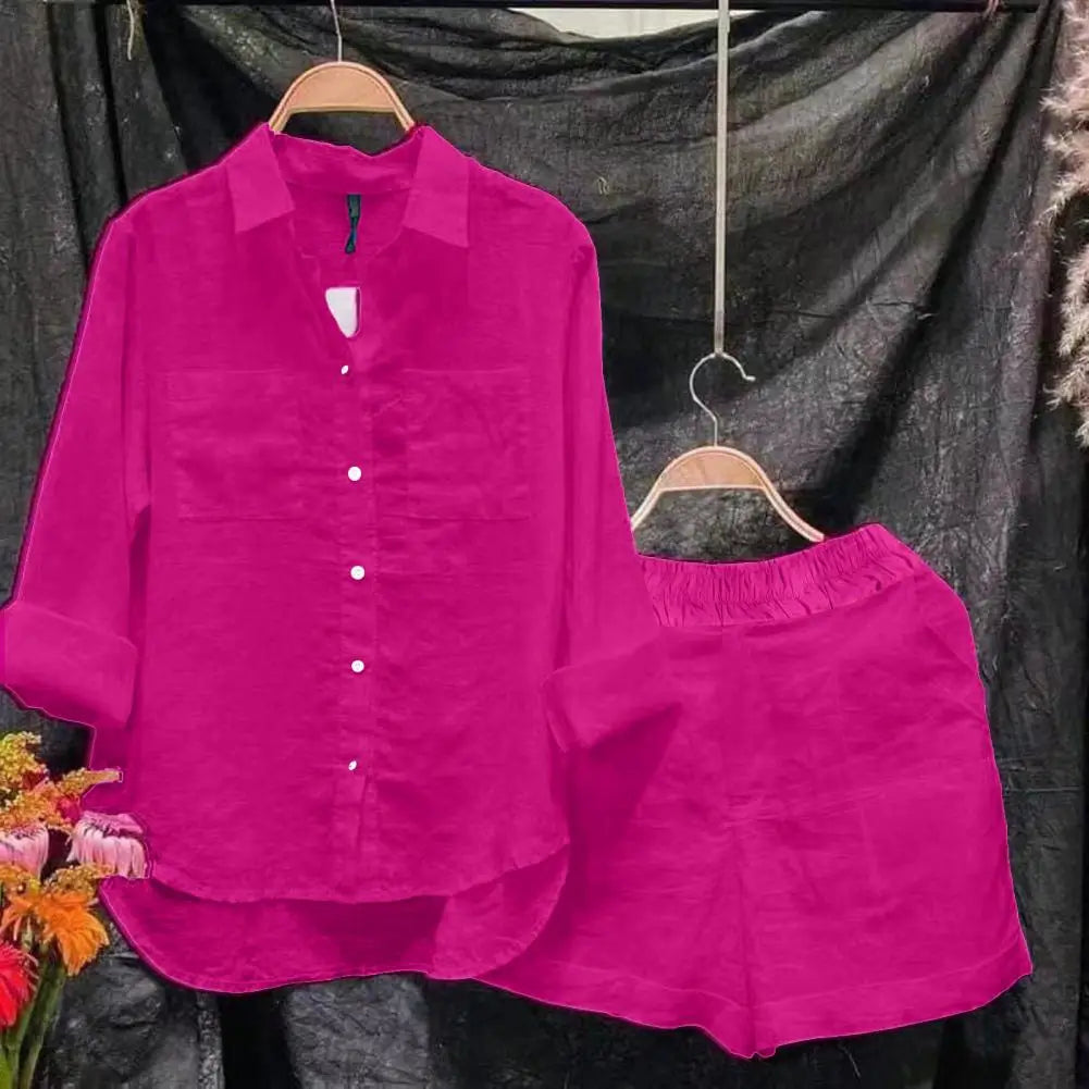 2025 Women Shirt Shorts Set Loose Irregular Hem Lapel Long Sleeves Shirt Top Elastic Waist Wide Leg Shorts Female Summer Outfit