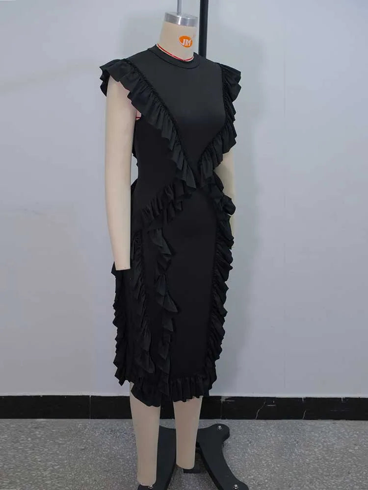 Female Clothing Slim Tank Top Dress Round Neck Casual Elegant Long Black Dress Ruched Knee Length Summer Dress Ladies