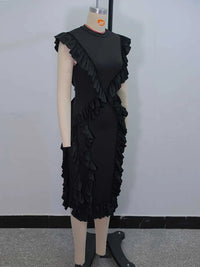 Female Clothing Slim Tank Top Dress Round Neck Casual Elegant Long Black Dress Ruched Knee Length Summer Dress Ladies