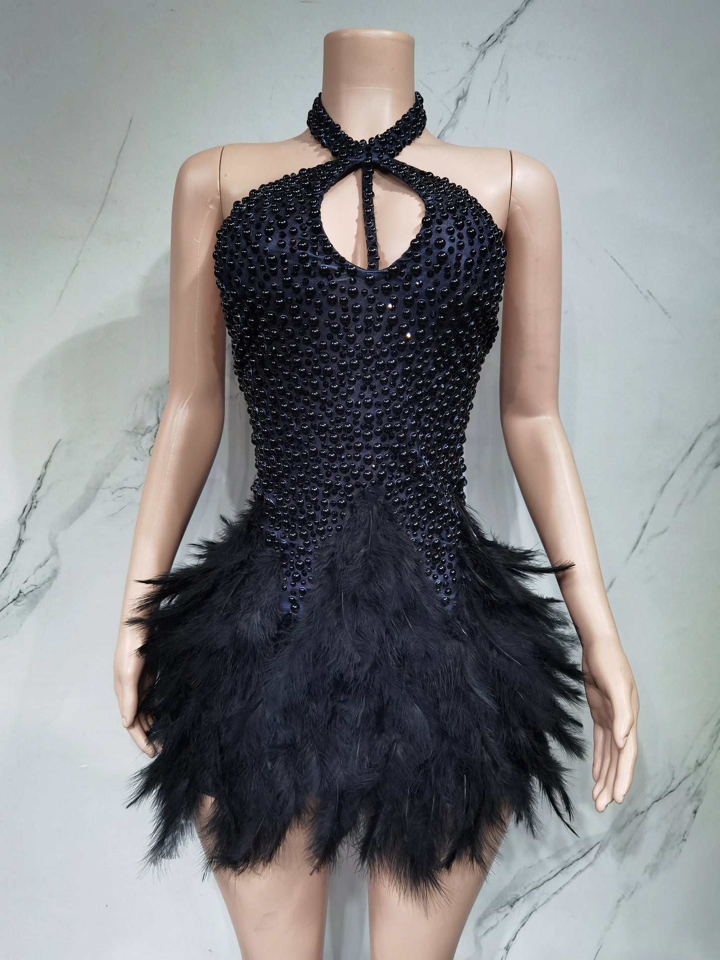 Fashion 2025new sexy Latin dance dress with airy hollow design, feather skirt hanging neck skirt