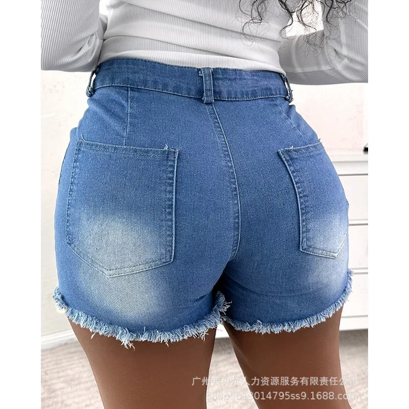 Women Vintage Summer High Waist Irrgular Short Jeans Y2K INS Clothing Streetwear Buttoned Ripped Pocket Denim Shorts