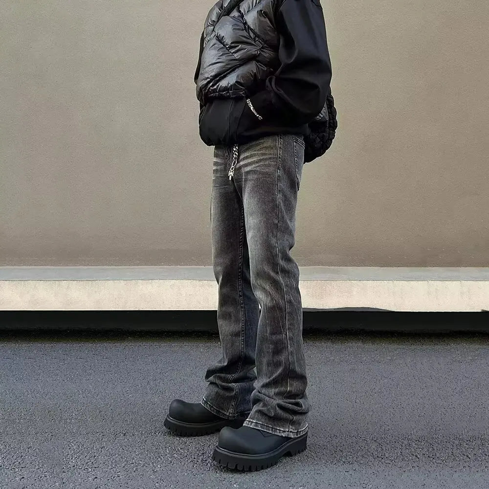 American high street washed black jeans for men stylish and straight cut slim fit elastic micro flared pants