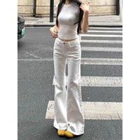 Fashionable White Low Waist Slightly Flared Jeans for Women, Fashionable and Versatile Casual Loose Wide-leg Bell-flop Pants