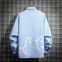 2023 New Spring and Autumn Fashion Trend Simple Polo Neck Cat Print Casual Loose Versatile Long Sleeve Shirt Unisex Couple Shirt