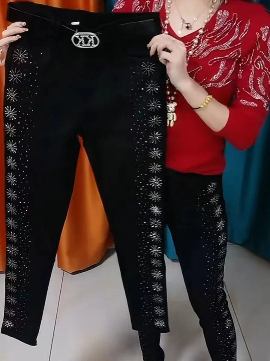 Women Jeans Autumn Spring 2025 Fashion High Waist Hot Drill Slim Cotton Elastic Denim Trousers Elegant Casual Black Pencil Pants