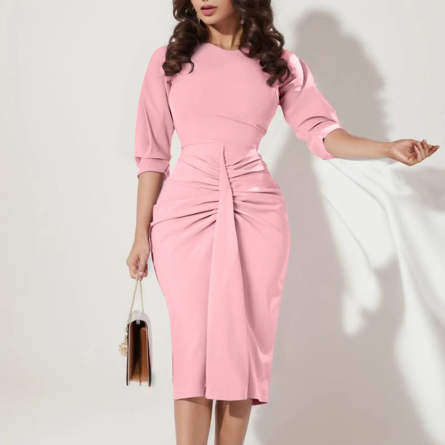 Summer Casual Dresses Woman Party Night Three Quarter Sleeves Midi Dress Pleated Tie Waist Plus Size Office Lady Business Dress