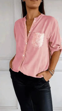 Women Pocket Sequined Blouse Shirts Summer Casual Female Button Lantern Sleeve Bling OL Workwear Blouse Tops 2025