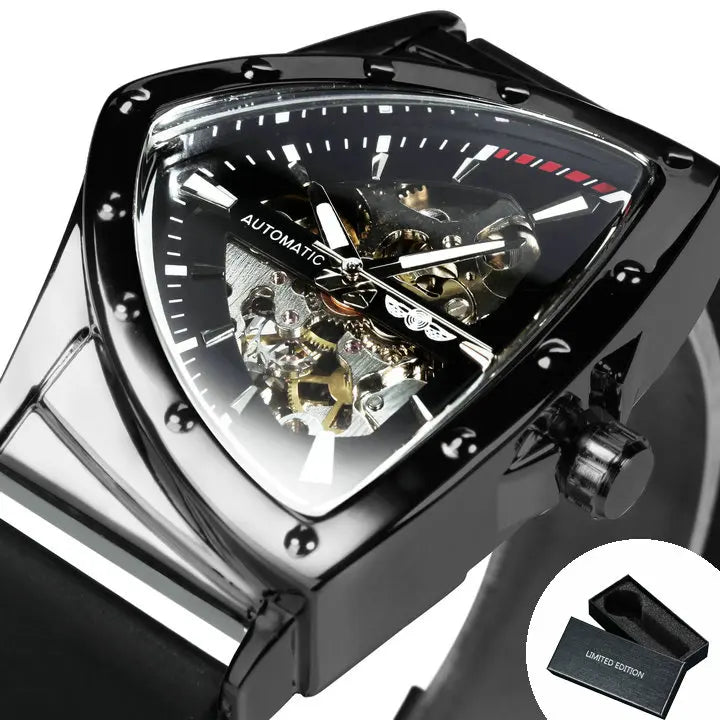 WINNER Military Triangle Skeleton Automatic Watch for Men Gold Sports Mechanical Watches Luxury Stainless Steel Strap Luminous