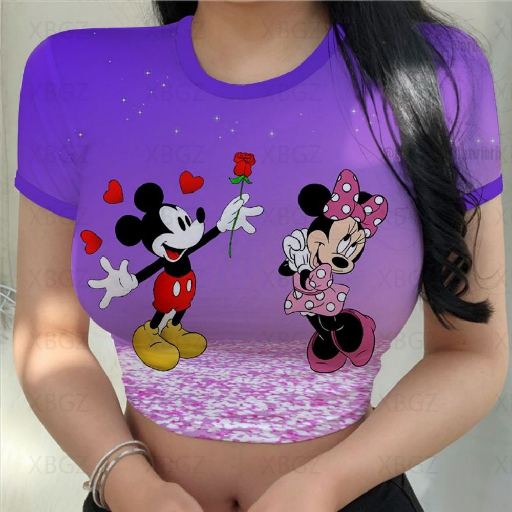 Crop Top Disney Women's T-shirt Minnie Mouse Woman Clothes Tight Fashion Blouses 2022 Party Y2k Sexy T-shirts Slim Fit Cartoon