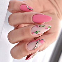 24pcs/Box Fresh Floral Almond False Nails Press On Nails Detachable Fake Nail Tip Purple with Design Manicure Patches