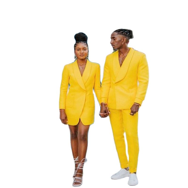 Men's Suit 2 Piece Groom Wedding Tuxedo Formal Yellow Pant Suit Solid Color Summer Casual Party Dress